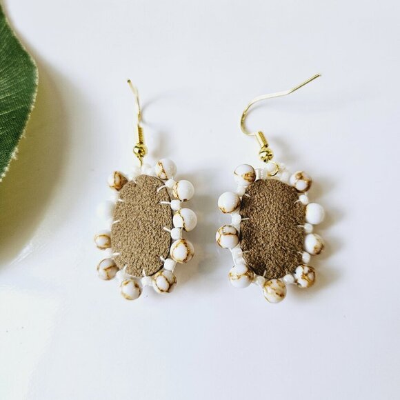 2/$27 | Tan Marble Shield Beaded Indigenous Hoop Earrings | Handmade - Picture 4 of 5